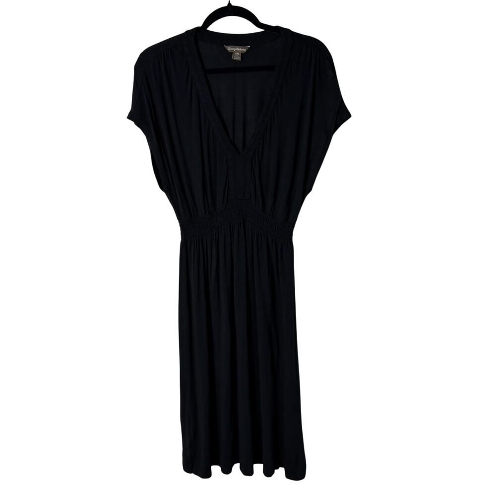 **Tommy Bahama Black Jersey Midi Dress M Smocked Waist Dolman Sleeve Stretch**